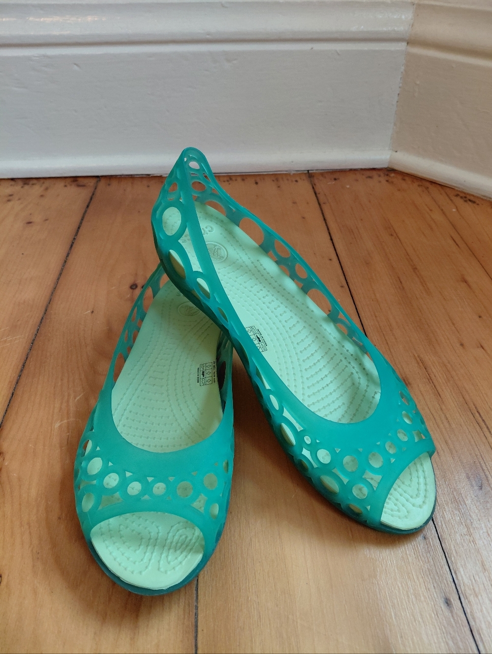 Crocs Adrina Green Jelly Cut Out Peep Toe Ballet Flats Shoes